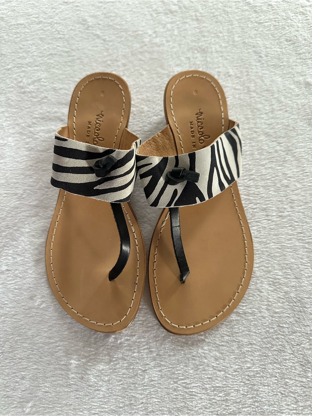 Niccolo Vacari Zebra Print T-Strap Sandals Black White Size 6 Made In Italy
